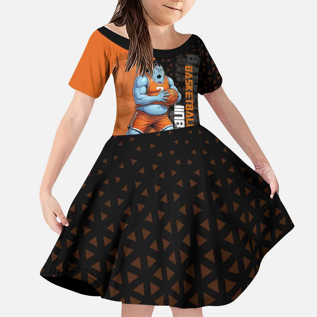 Jinbe One Piece Basketball Theme Orange and Black Design Kid Short Sleeve Dress with Powerful Pose and Sun Pirates Emblem - The Mazicc
