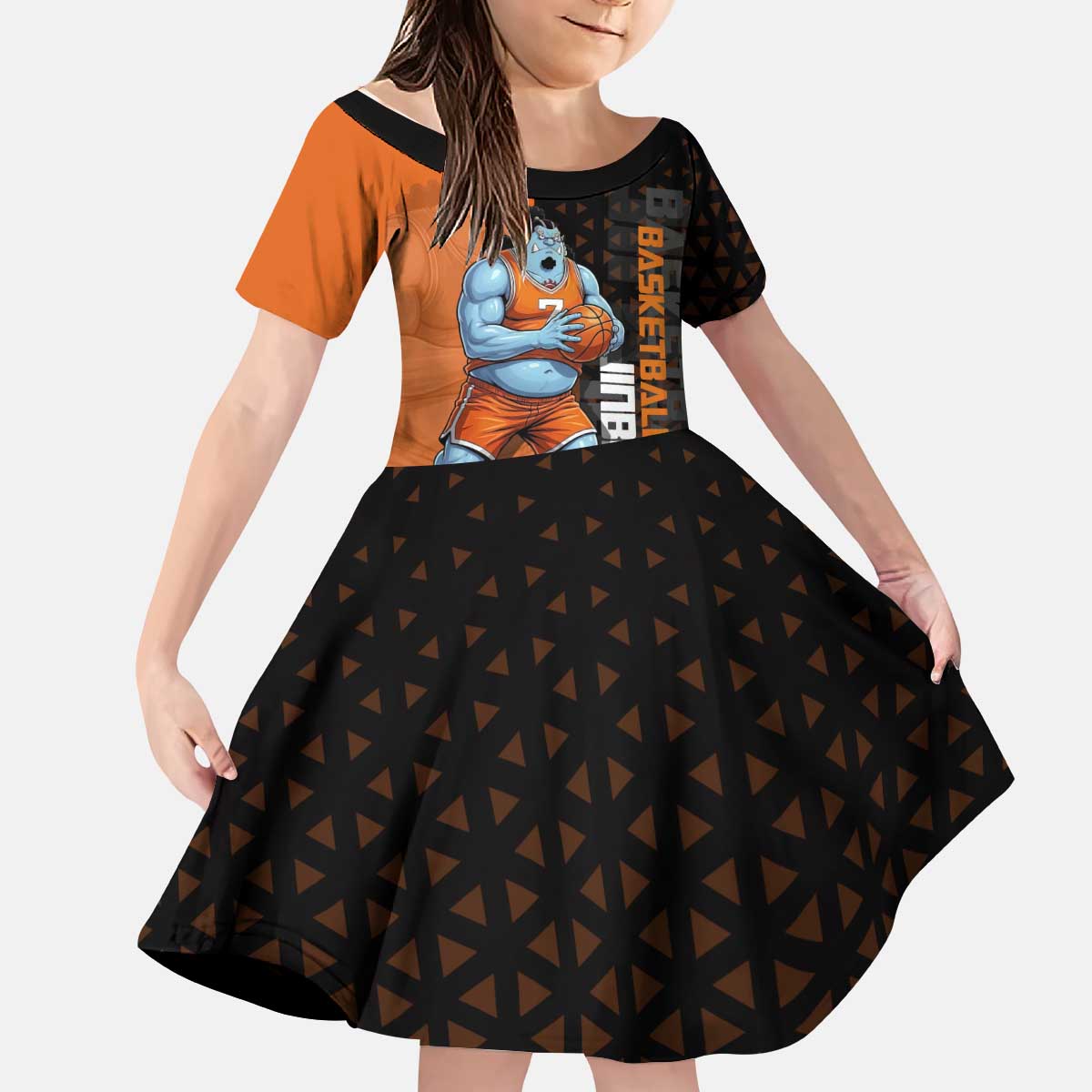 Jinbe One Piece Basketball Theme Orange and Black Design Kid Short Sleeve Dress with Powerful Pose and Sun Pirates Emblem - The Mazicc