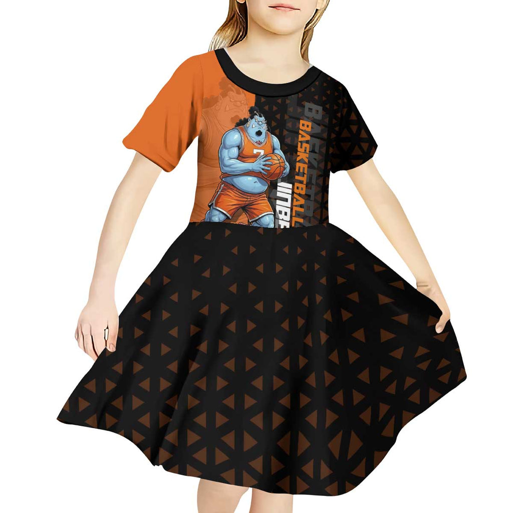 Jinbe One Piece Basketball Theme Orange and Black Design Kid Short Sleeve Dress with Powerful Pose and Sun Pirates Emblem - The Mazicc