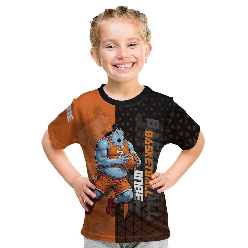 Jinbe One Piece Basketball Theme Orange and Black Design Kid T Shirt with Powerful Pose and Sun Pirates Emblem - The Mazicc