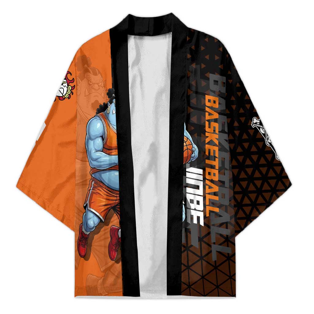 Jinbe One Piece Basketball Theme Orange and Black Design Kimono with Powerful Pose and Sun Pirates Emblem - The Mazicc