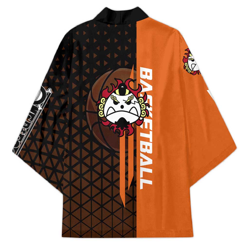 Jinbe One Piece Basketball Theme Orange and Black Design Kimono with Powerful Pose and Sun Pirates Emblem - The Mazicc