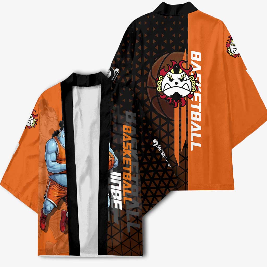 Jinbe One Piece Basketball Theme Orange and Black Design Kimono with Powerful Pose and Sun Pirates Emblem - The Mazicc