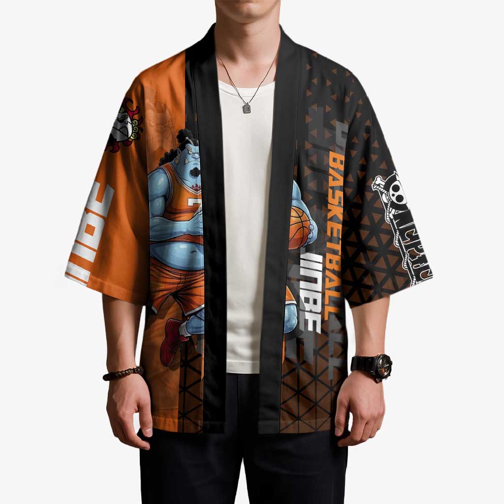 Jinbe One Piece Basketball Theme Orange and Black Design Kimono with Powerful Pose and Sun Pirates Emblem - The Mazicc