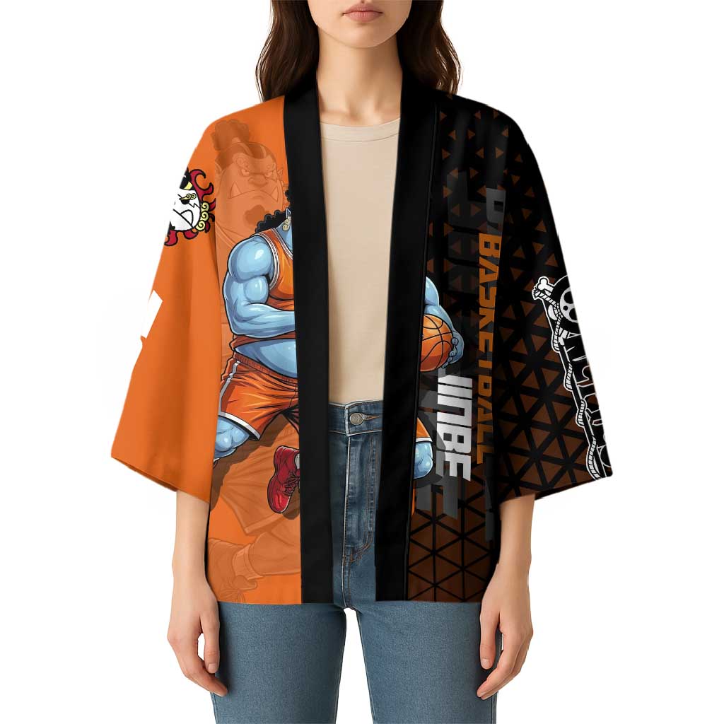 Jinbe One Piece Basketball Theme Orange and Black Design Kimono with Powerful Pose and Sun Pirates Emblem - The Mazicc