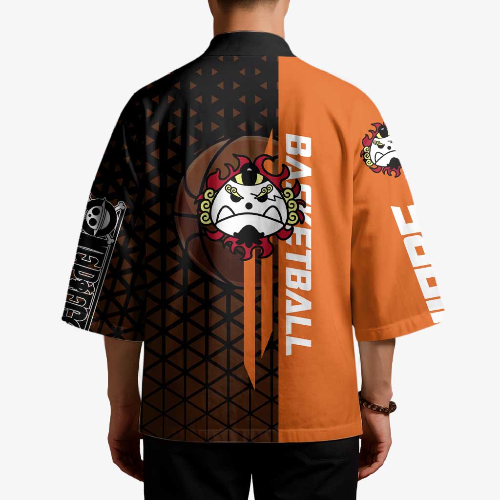Jinbe One Piece Basketball Theme Orange and Black Design Kimono with Powerful Pose and Sun Pirates Emblem - The Mazicc