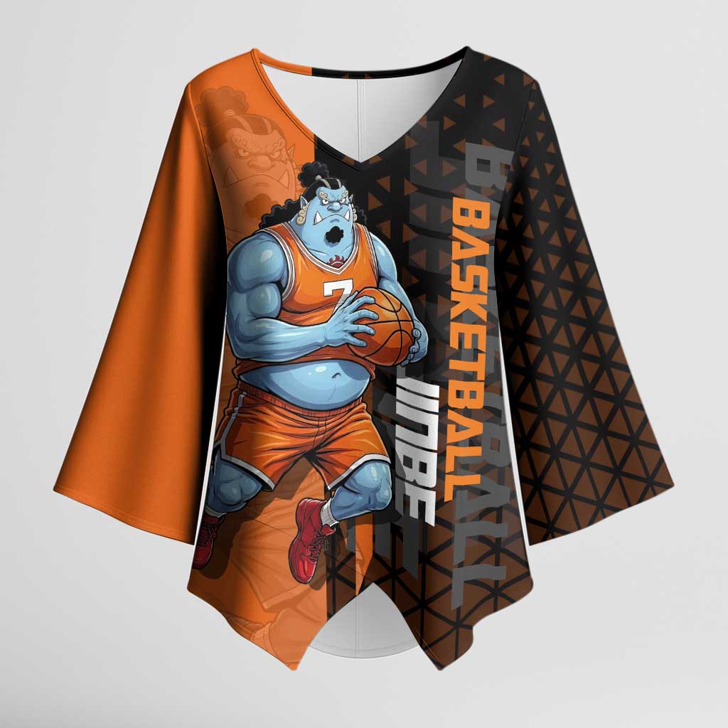Jinbe One Piece Basketball Theme Orange and Black Design Kimono Sleeve Blouse with Powerful Pose and Sun Pirates Emblem - The Mazicc