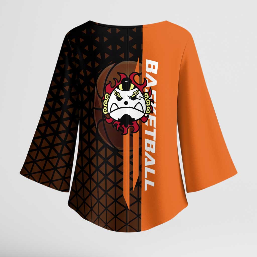 Jinbe One Piece Basketball Theme Orange and Black Design Kimono Sleeve Blouse with Powerful Pose and Sun Pirates Emblem - The Mazicc