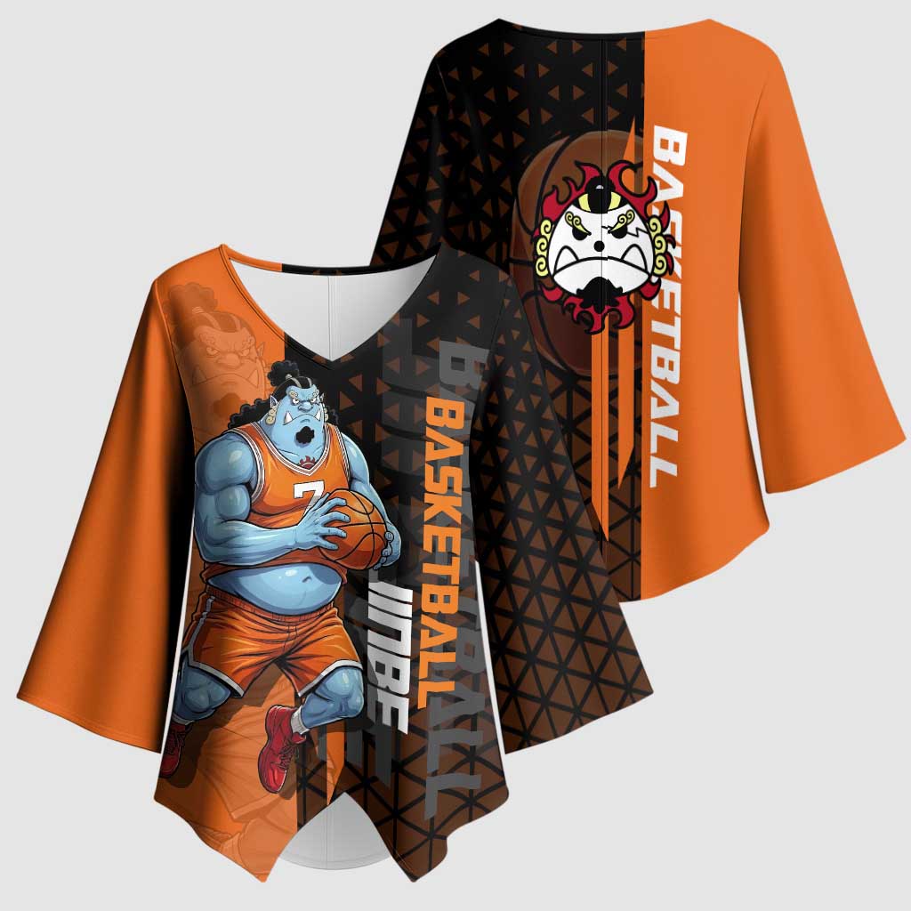 Jinbe One Piece Basketball Theme Orange and Black Design Kimono Sleeve Blouse with Powerful Pose and Sun Pirates Emblem - The Mazicc