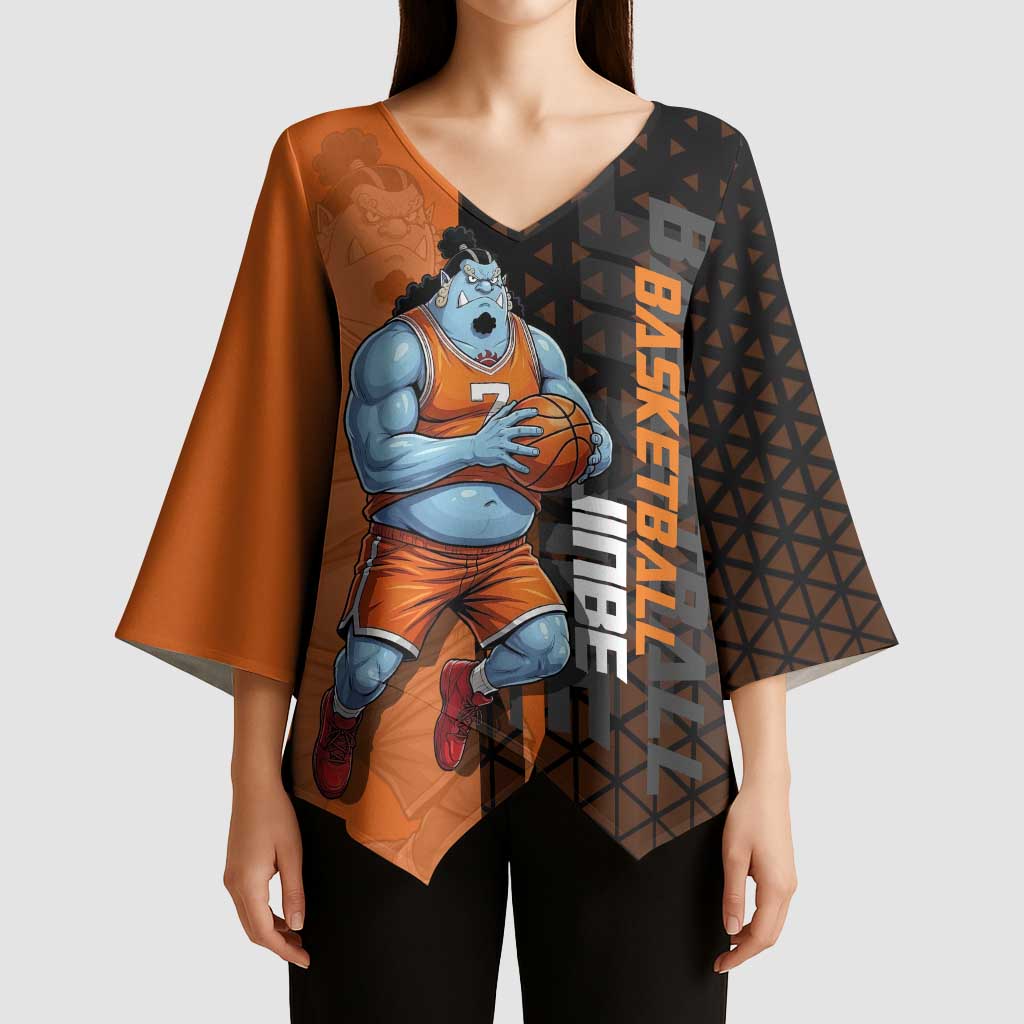 Jinbe One Piece Basketball Theme Orange and Black Design Kimono Sleeve Blouse with Powerful Pose and Sun Pirates Emblem - The Mazicc