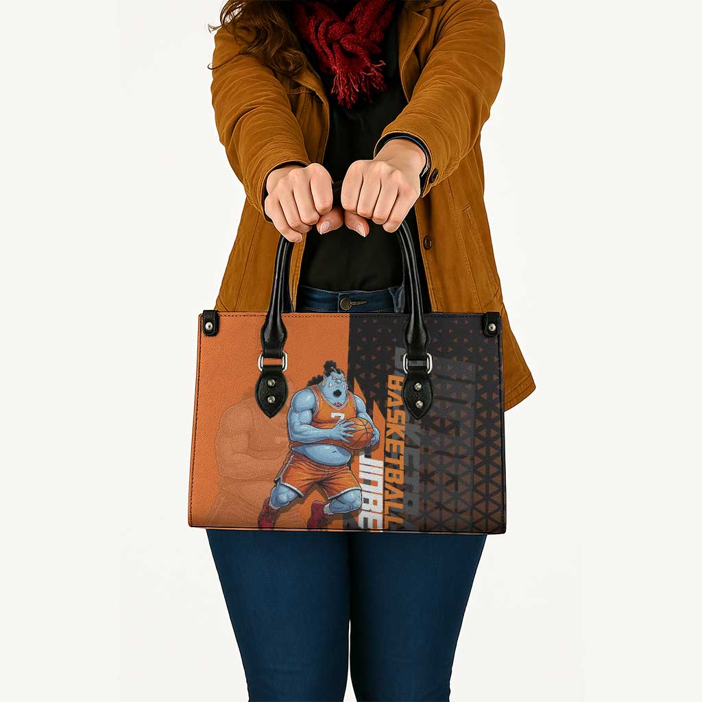 Jinbe One Piece Basketball Theme Orange and Black Design Leather Bag with Powerful Pose and Sun Pirates Emblem - The Mazicc