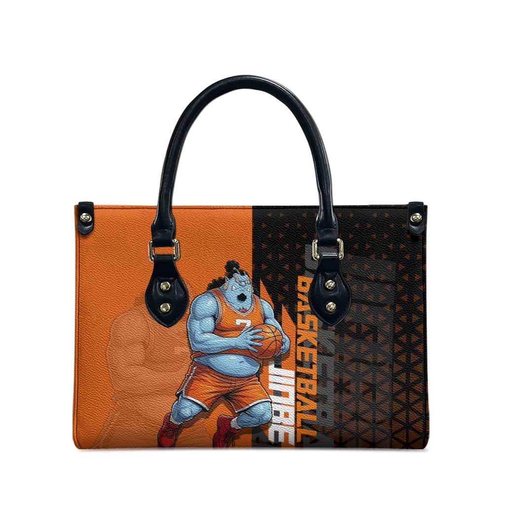 Jinbe One Piece Basketball Theme Orange and Black Design Leather Bag with Powerful Pose and Sun Pirates Emblem - The Mazicc