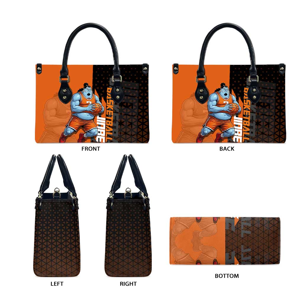 Jinbe One Piece Basketball Theme Orange and Black Design Leather Bag with Powerful Pose and Sun Pirates Emblem - The Mazicc