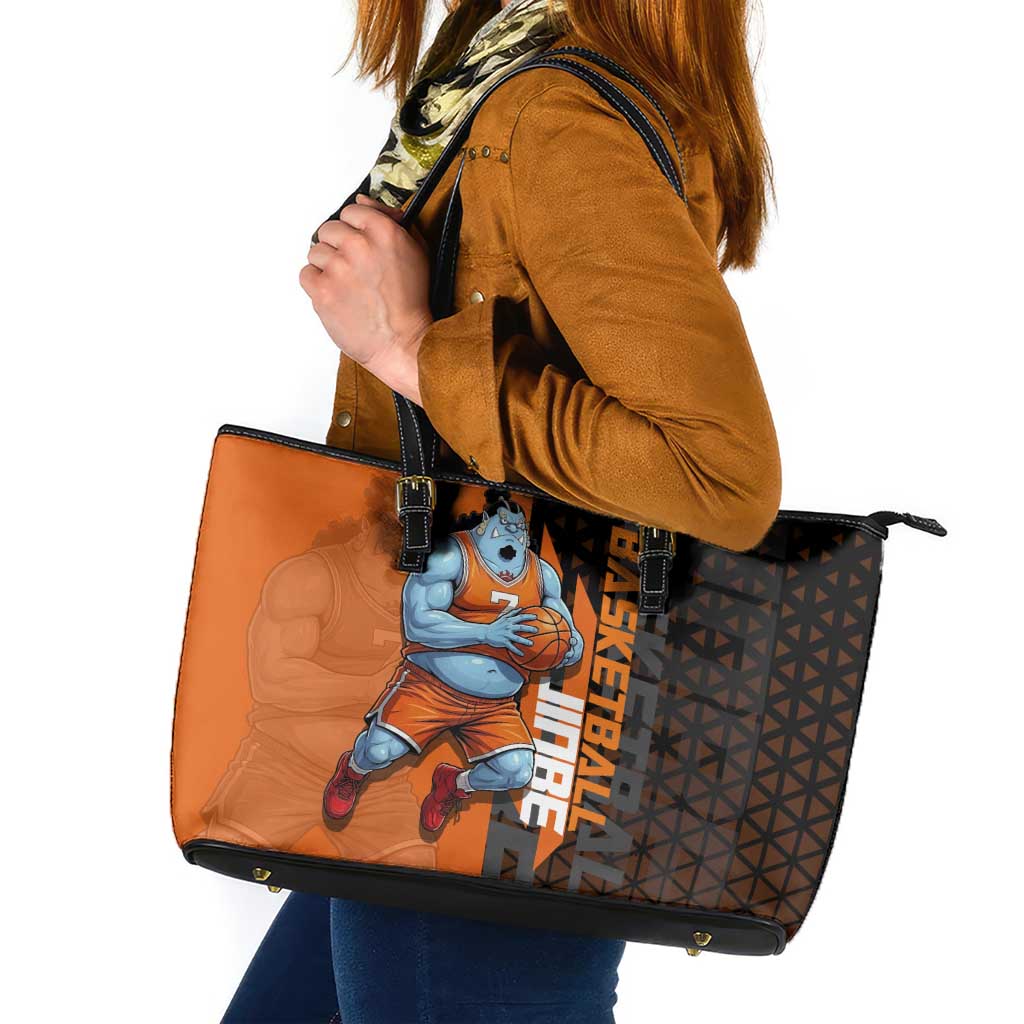 Jinbe One Piece Basketball Theme Orange and Black Design Leather Tote Bag with Powerful Pose and Sun Pirates Emblem - The Mazicc