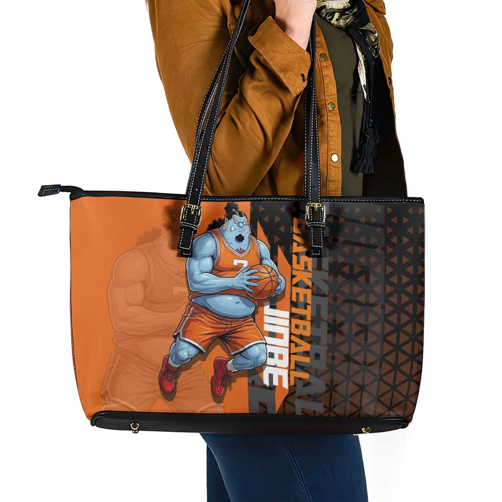 Jinbe One Piece Basketball Theme Orange and Black Design Leather Tote Bag with Powerful Pose and Sun Pirates Emblem - The Mazicc
