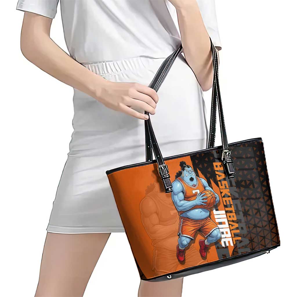 Jinbe One Piece Basketball Theme Orange and Black Design Leather Tote Bag with Powerful Pose and Sun Pirates Emblem - The Mazicc