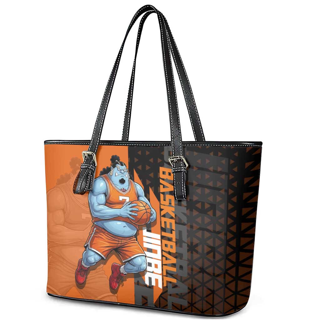Jinbe One Piece Basketball Theme Orange and Black Design Leather Tote Bag with Powerful Pose and Sun Pirates Emblem - The Mazicc