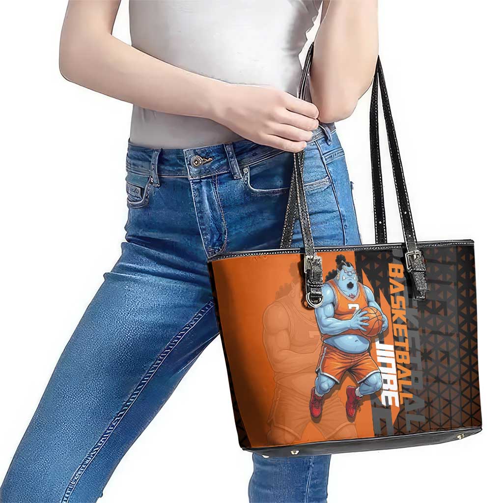 Jinbe One Piece Basketball Theme Orange and Black Design Leather Tote Bag with Powerful Pose and Sun Pirates Emblem - The Mazicc