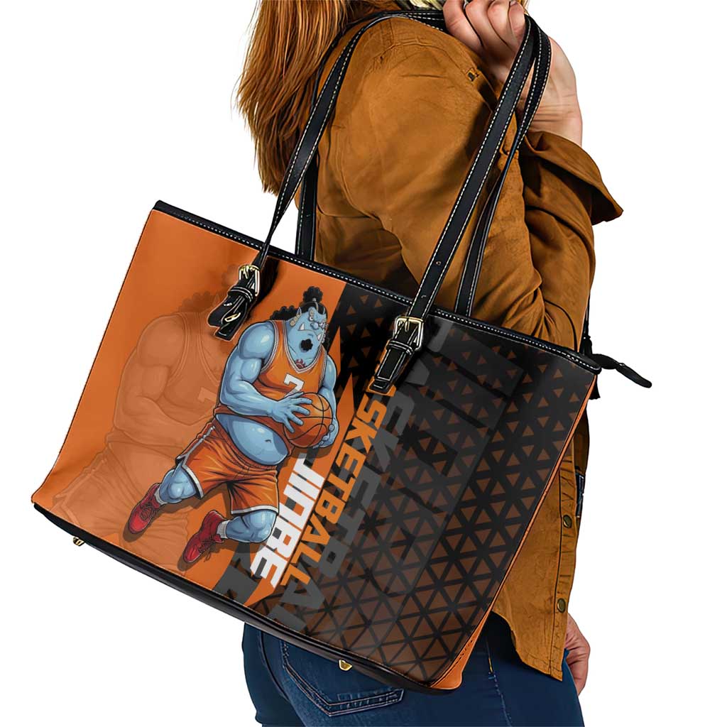 Jinbe One Piece Basketball Theme Orange and Black Design Leather Tote Bag with Powerful Pose and Sun Pirates Emblem - The Mazicc