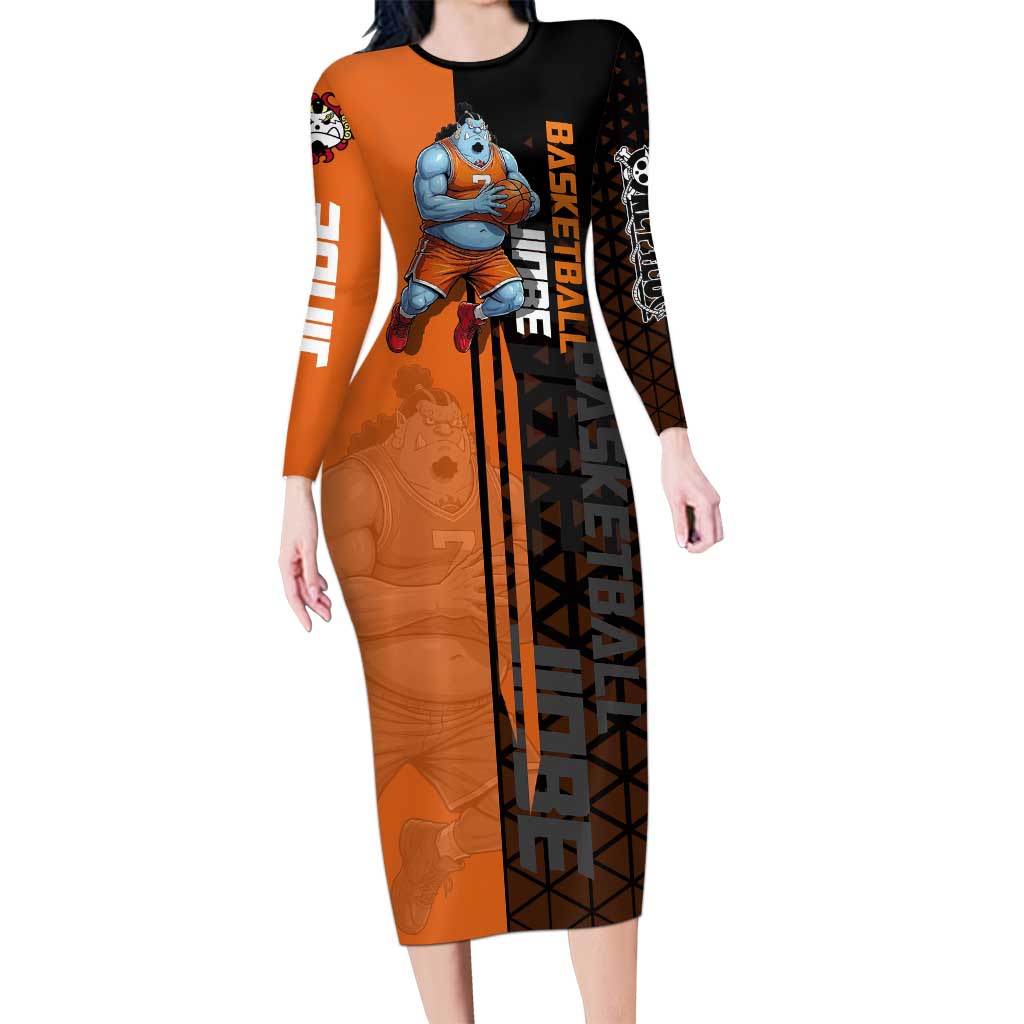 Jinbe One Piece Basketball Theme Orange and Black Design Long Sleeve Bodycon Dress with Powerful Pose and Sun Pirates Emblem - The Mazicc