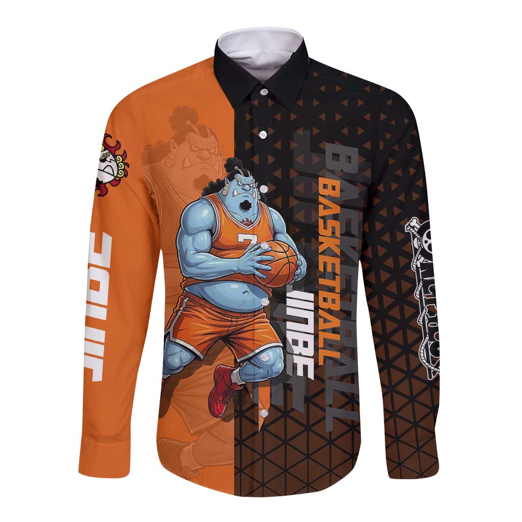 Jinbe One Piece Basketball Theme Orange and Black Design Long Sleeve Button Shirt with Powerful Pose and Sun Pirates Emblem - The Mazicc