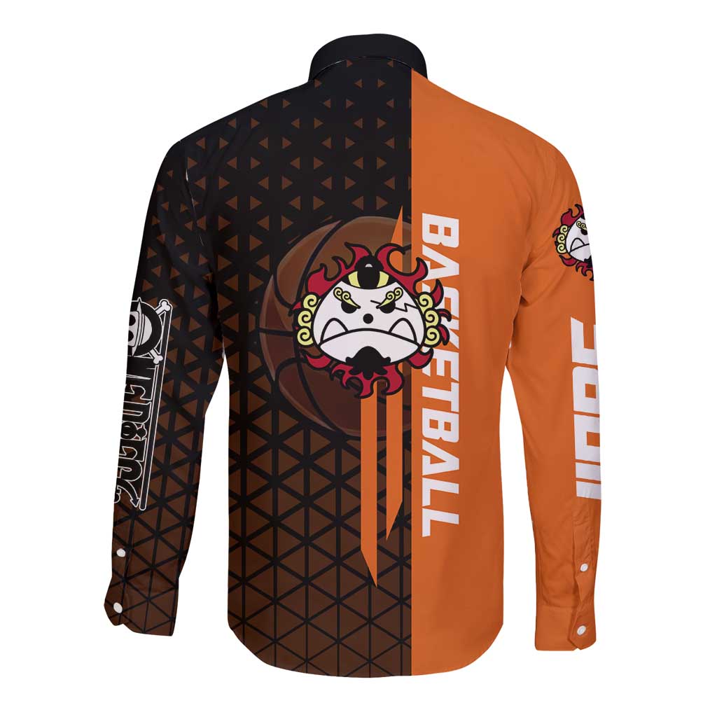 Jinbe One Piece Basketball Theme Orange and Black Design Long Sleeve Button Shirt with Powerful Pose and Sun Pirates Emblem - The Mazicc