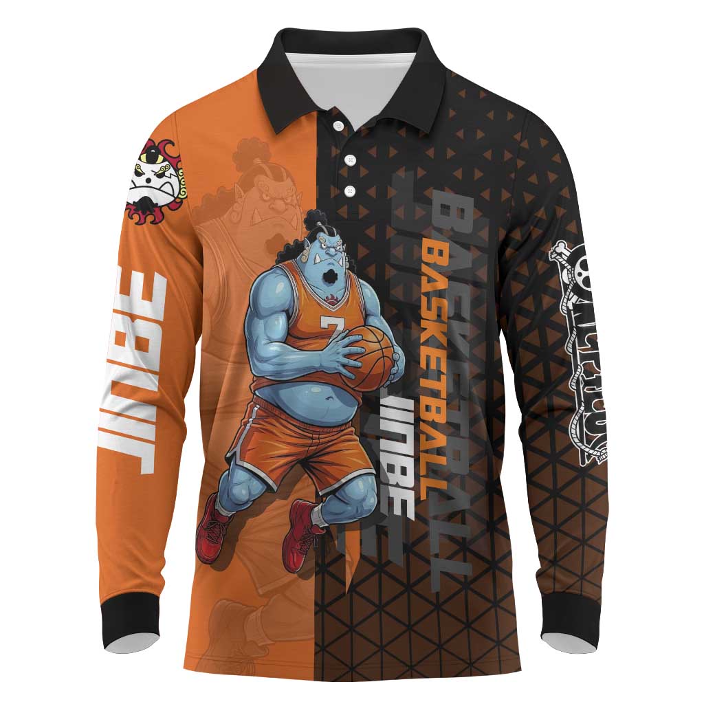 Jinbe One Piece Basketball Theme Orange and Black Design Long Sleeve Polo Shirt with Powerful Pose and Sun Pirates Emblem - The Mazicc