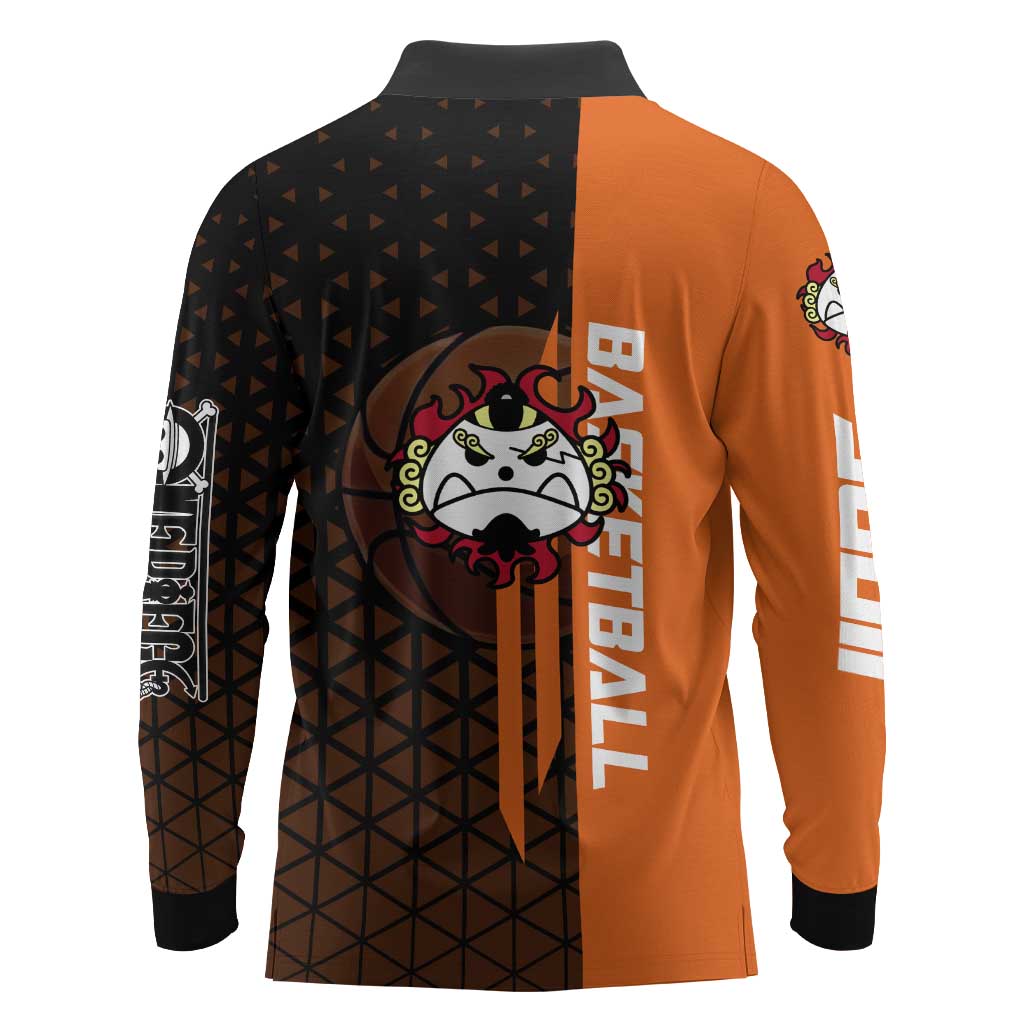 Jinbe One Piece Basketball Theme Orange and Black Design Long Sleeve Polo Shirt with Powerful Pose and Sun Pirates Emblem - The Mazicc