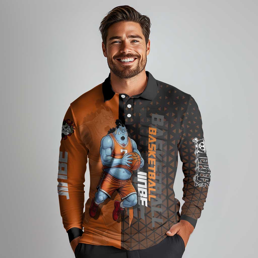 Jinbe One Piece Basketball Theme Orange and Black Design Long Sleeve Polo Shirt with Powerful Pose and Sun Pirates Emblem - The Mazicc