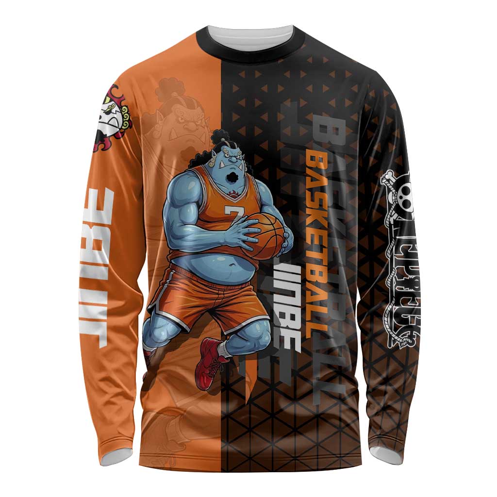 Jinbe One Piece Basketball Theme Orange and Black Design Long Sleeve Shirt with Powerful Pose and Sun Pirates Emblem - The Mazicc