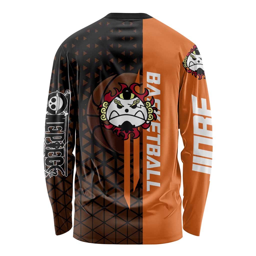 Jinbe One Piece Basketball Theme Orange and Black Design Long Sleeve Shirt with Powerful Pose and Sun Pirates Emblem - The Mazicc