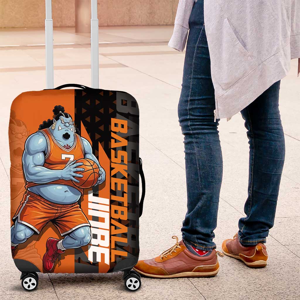 Jinbe One Piece Basketball Theme Orange and Black Design Luggage Cover with Powerful Pose and Sun Pirates Emblem - The Mazicc