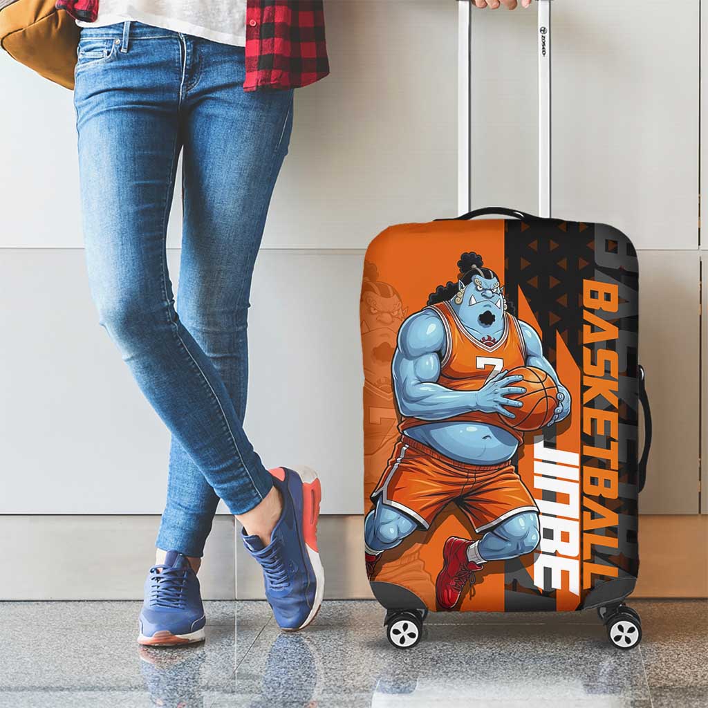 Jinbe One Piece Basketball Theme Orange and Black Design Luggage Cover with Powerful Pose and Sun Pirates Emblem - The Mazicc