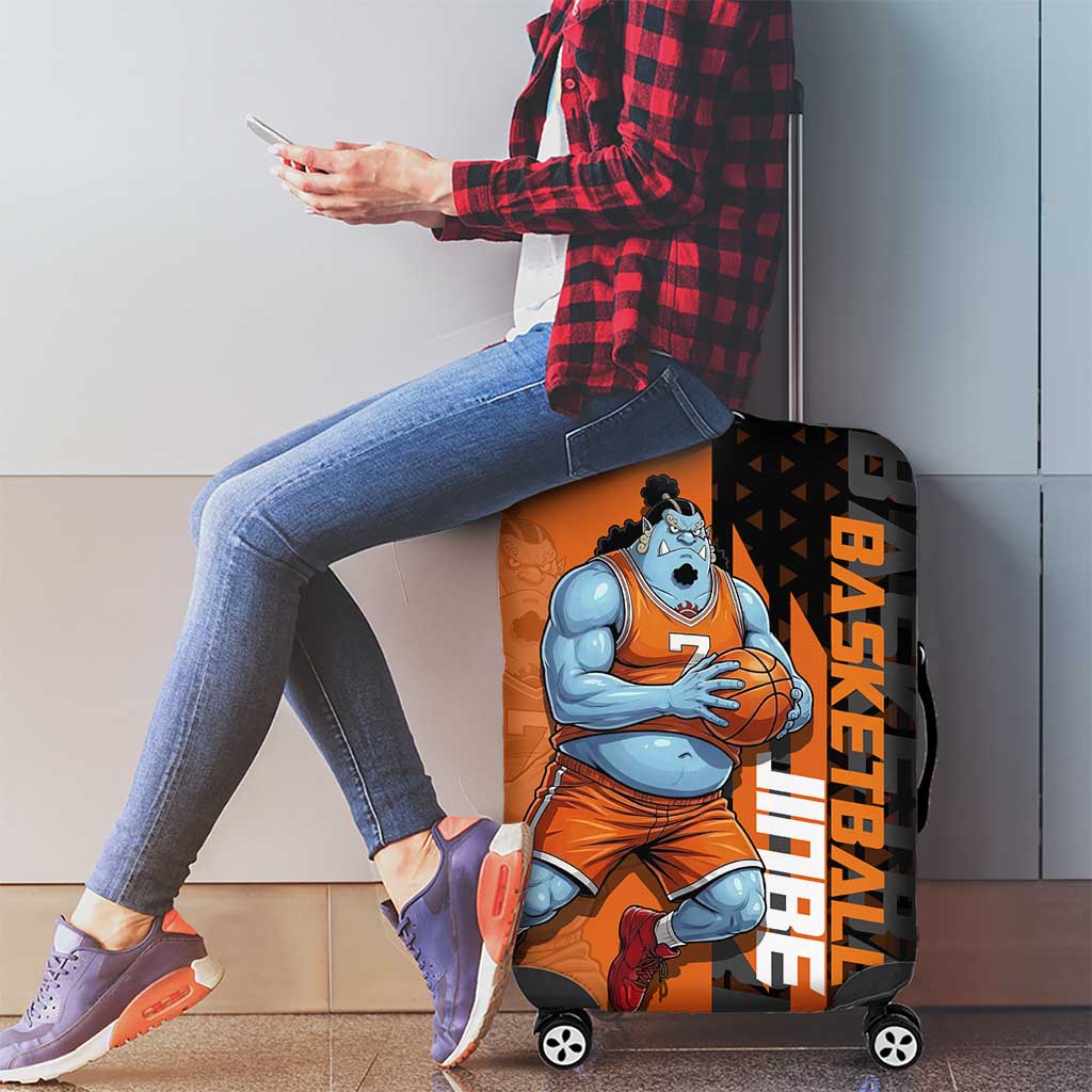 Jinbe One Piece Basketball Theme Orange and Black Design Luggage Cover with Powerful Pose and Sun Pirates Emblem - The Mazicc