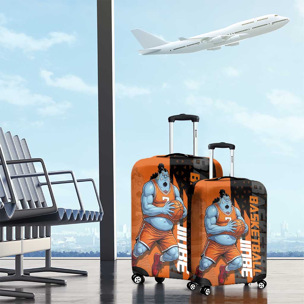 Jinbe One Piece Basketball Theme Orange and Black Design Luggage Cover with Powerful Pose and Sun Pirates Emblem - The Mazicc