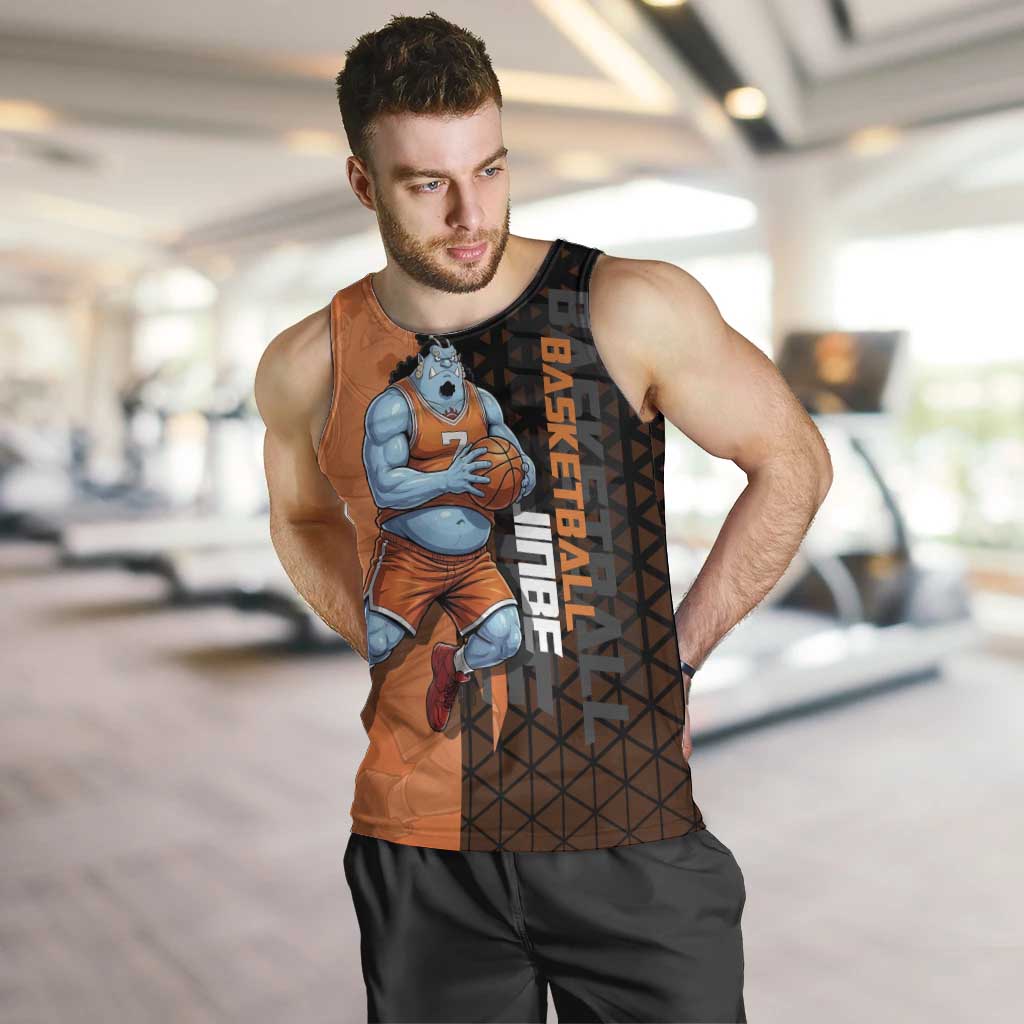 Jinbe One Piece Basketball Theme Orange and Black Design Men Tank Top with Powerful Pose and Sun Pirates Emblem - The Mazicc