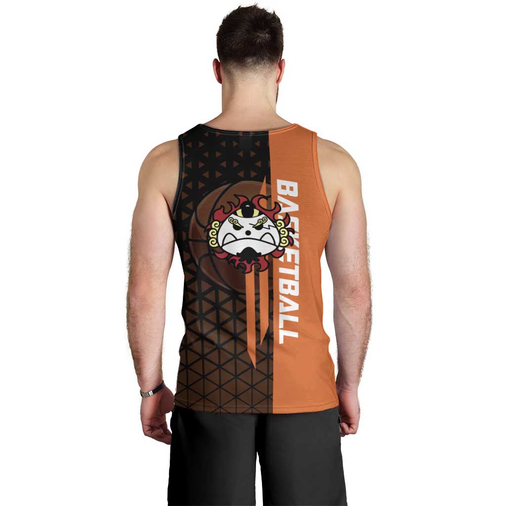Jinbe One Piece Basketball Theme Orange and Black Design Men Tank Top with Powerful Pose and Sun Pirates Emblem - The Mazicc