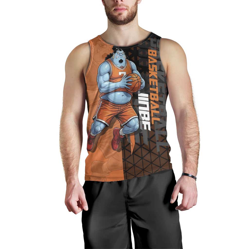 Jinbe One Piece Basketball Theme Orange and Black Design Men Tank Top with Powerful Pose and Sun Pirates Emblem - The Mazicc