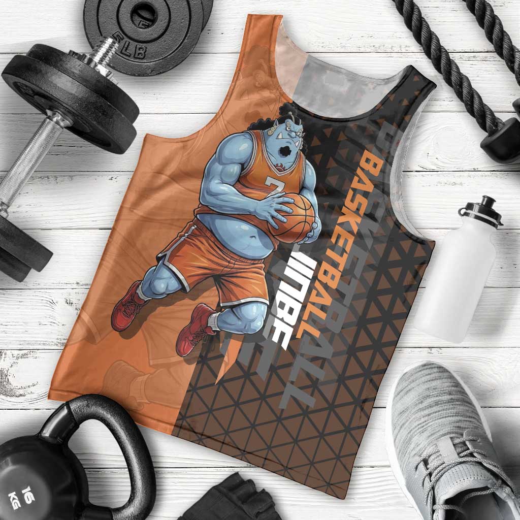 Jinbe One Piece Basketball Theme Orange and Black Design Men Tank Top with Powerful Pose and Sun Pirates Emblem - The Mazicc