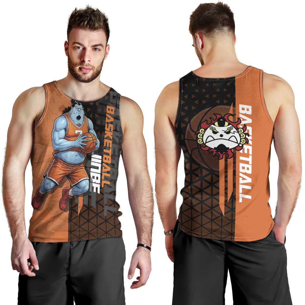 Jinbe One Piece Basketball Theme Orange and Black Design Men Tank Top with Powerful Pose and Sun Pirates Emblem - The Mazicc