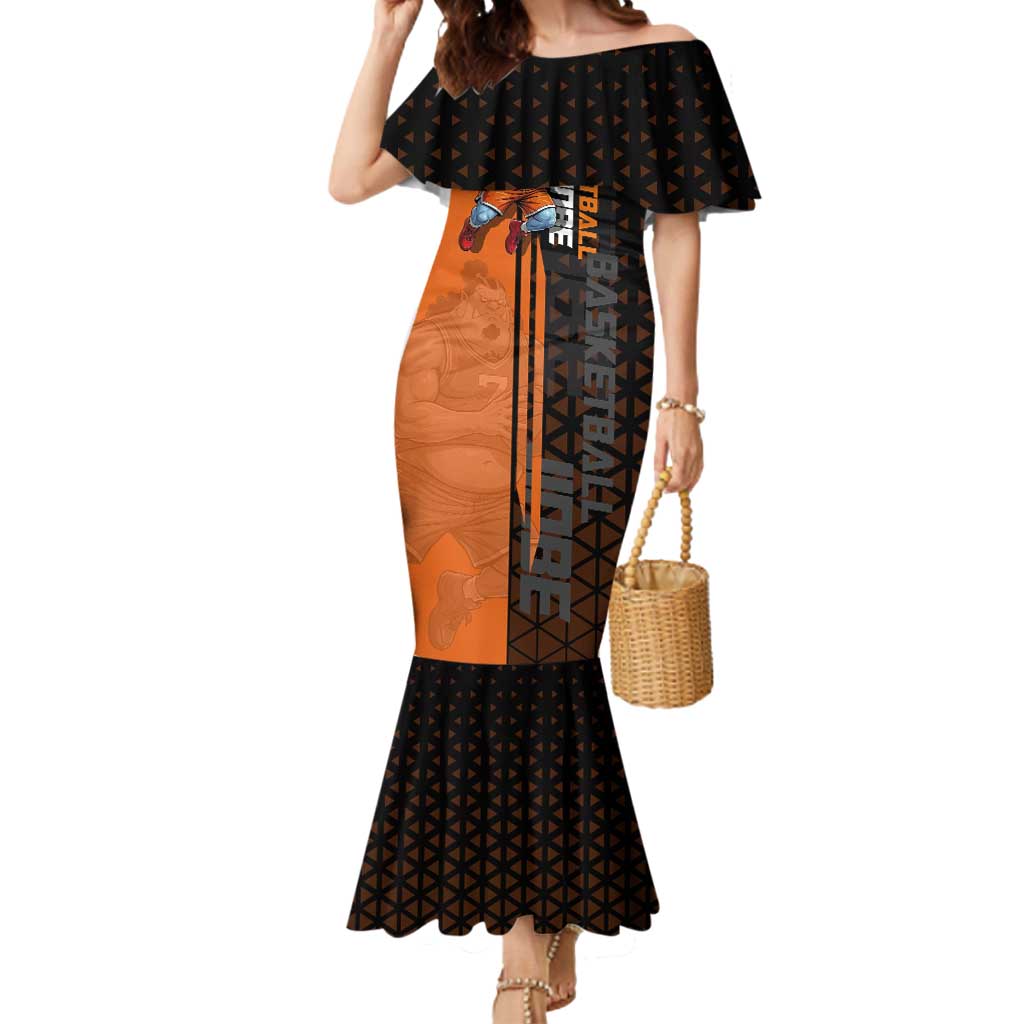 Jinbe One Piece Basketball Theme Orange and Black Design Mermaid Dress with Powerful Pose and Sun Pirates Emblem - The Mazicc