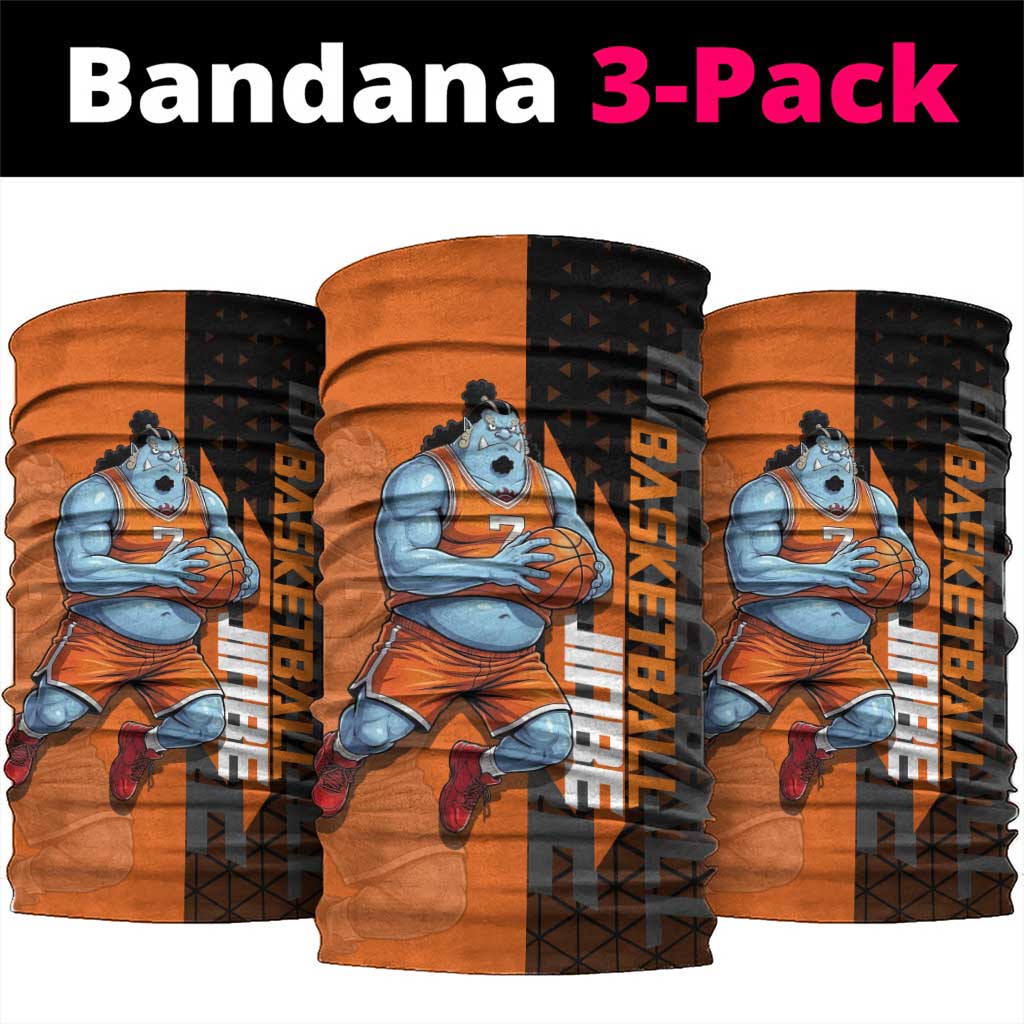 Jinbe One Piece Basketball Theme Orange and Black Design Neck Gaiter with Powerful Pose and Sun Pirates Emblem - The Mazicc