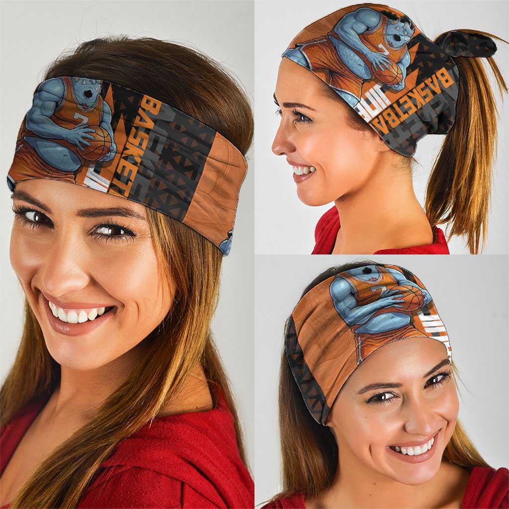 Jinbe One Piece Basketball Theme Orange and Black Design Neck Gaiter with Powerful Pose and Sun Pirates Emblem - The Mazicc
