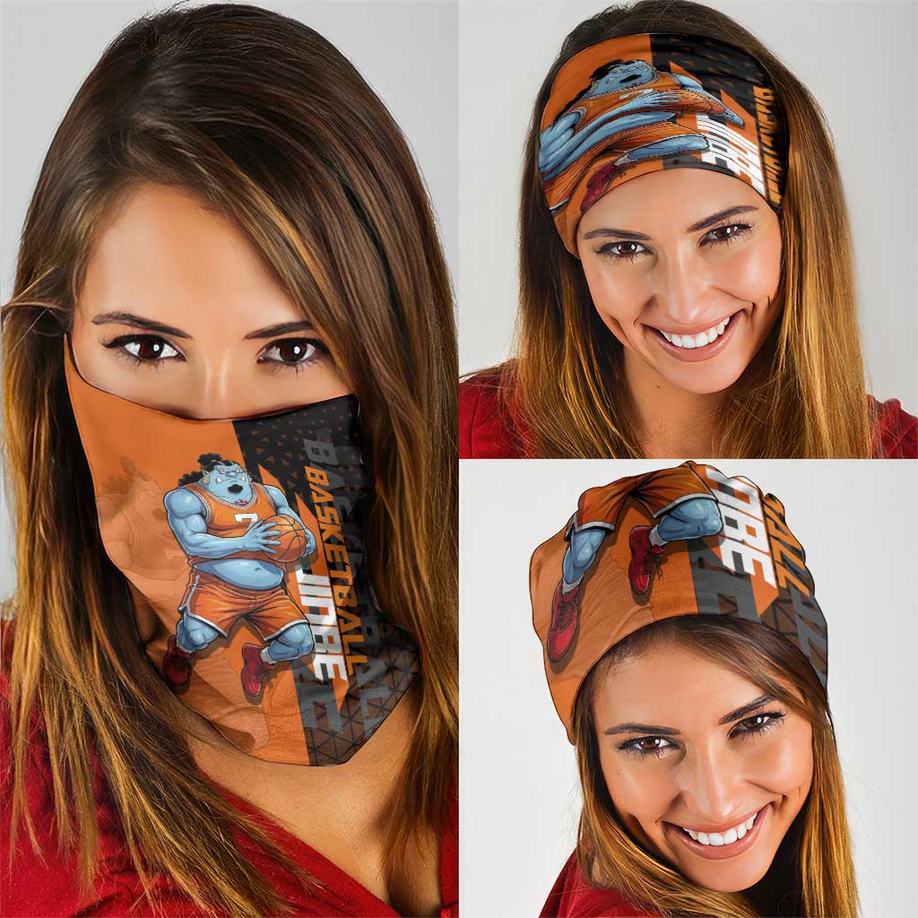 Jinbe One Piece Basketball Theme Orange and Black Design Neck Gaiter with Powerful Pose and Sun Pirates Emblem - The Mazicc