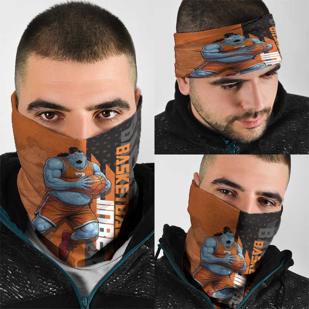 Jinbe One Piece Basketball Theme Orange and Black Design Neck Gaiter with Powerful Pose and Sun Pirates Emblem - The Mazicc