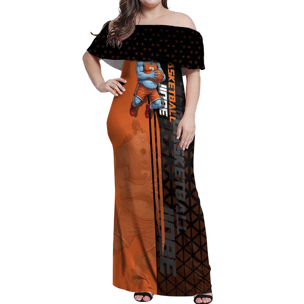 Jinbe One Piece Basketball Theme Orange and Black Design Off Shoulder Maxi Dress with Powerful Pose and Sun Pirates Emblem - The Mazicc