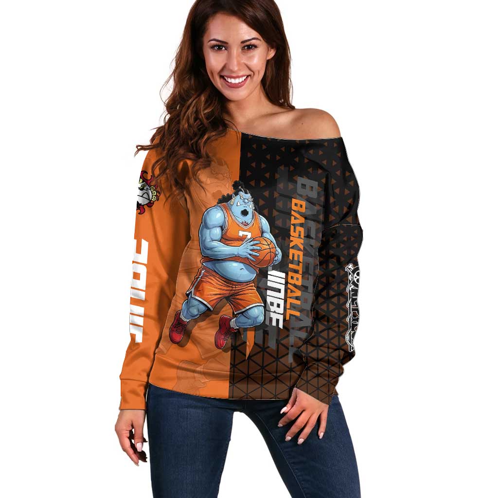 Jinbe One Piece Basketball Theme Orange and Black Design Off Shoulder Sweater with Powerful Pose and Sun Pirates Emblem - The Mazicc