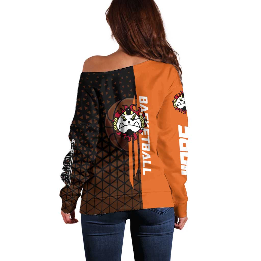 Jinbe One Piece Basketball Theme Orange and Black Design Off Shoulder Sweater with Powerful Pose and Sun Pirates Emblem - The Mazicc