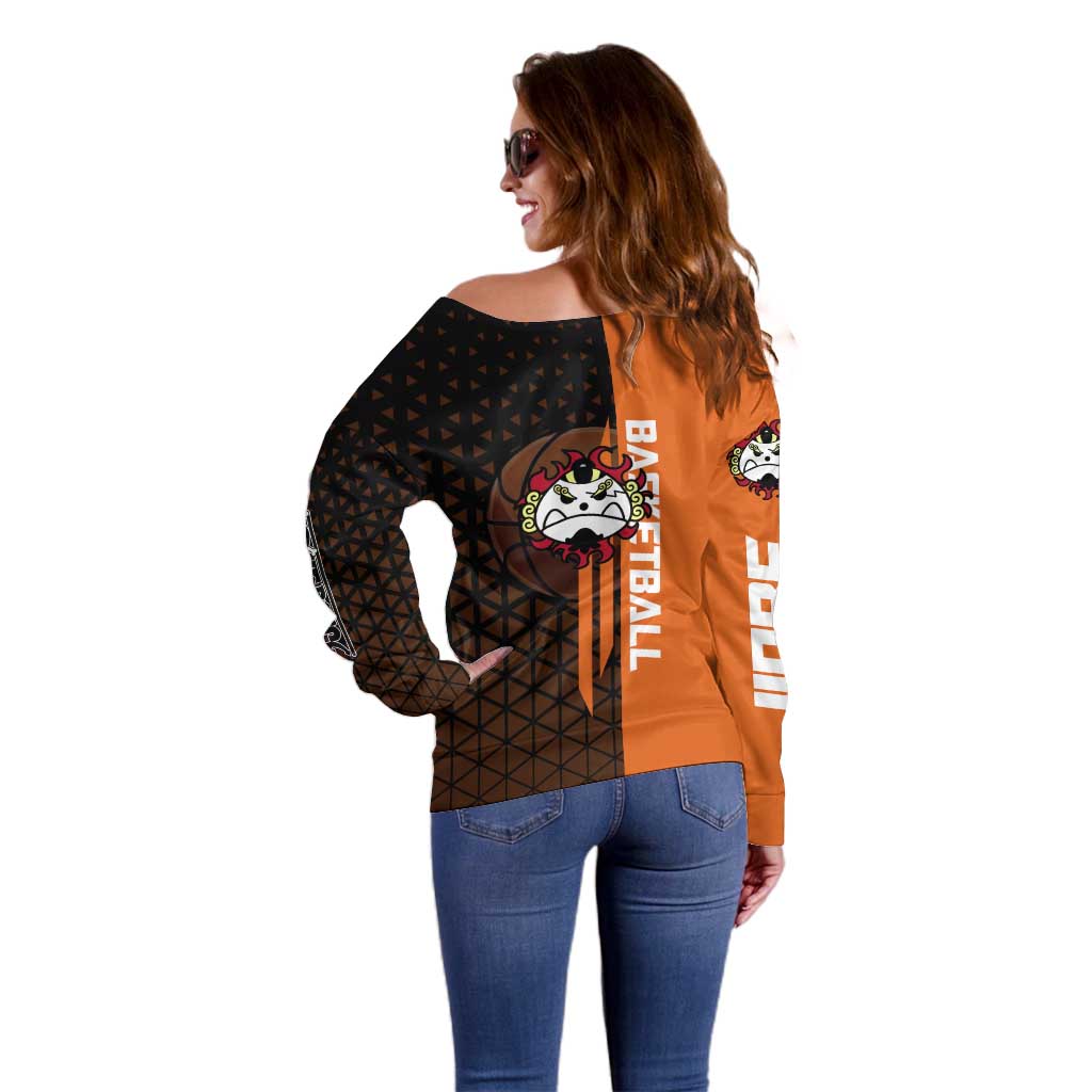 Jinbe One Piece Basketball Theme Orange and Black Design Off Shoulder Sweater with Powerful Pose and Sun Pirates Emblem - The Mazicc