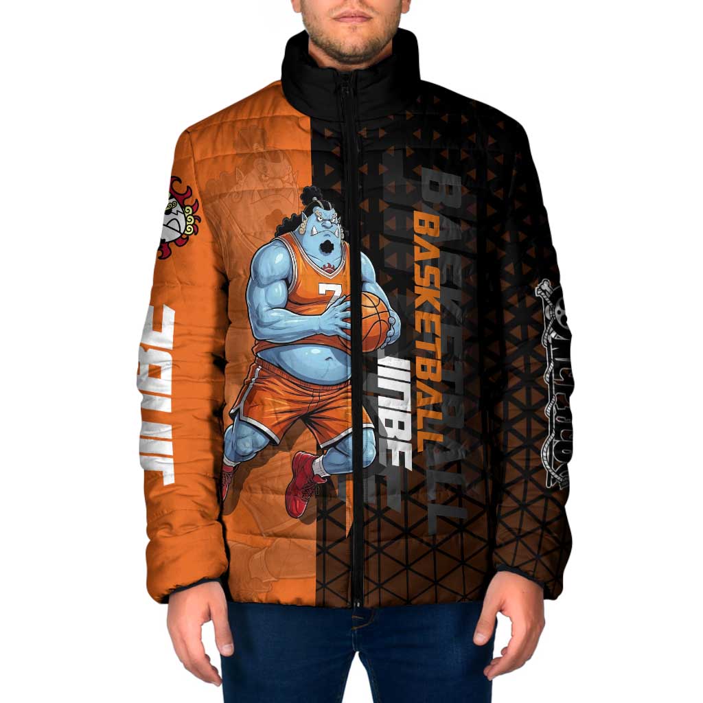 Jinbe One Piece Basketball Theme Orange and Black Design Padded Jacket with Powerful Pose and Sun Pirates Emblem - The Mazicc